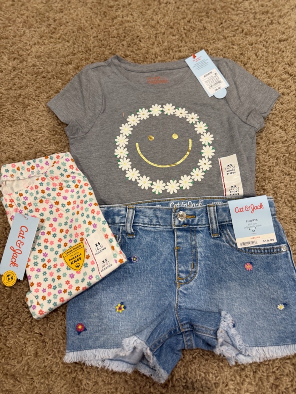 Cat & Jack Daisy Tee, Floral Denim Shorts and Leggings Lot- Toddler 4/5T NWT